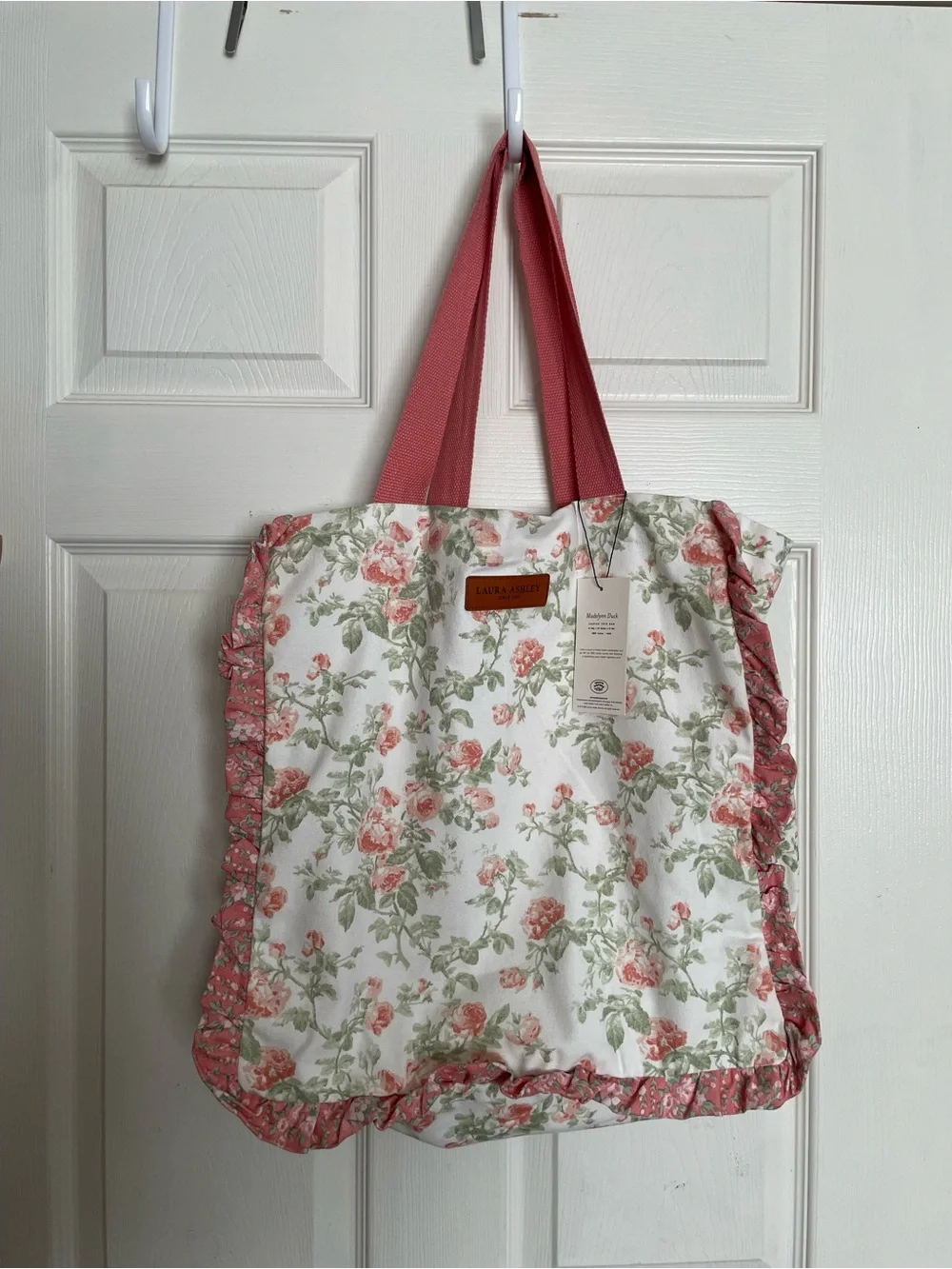 NWT Laura Ashley Madelynn Duck Floral Canvas Ruffle Tote Bag - Pink/Green